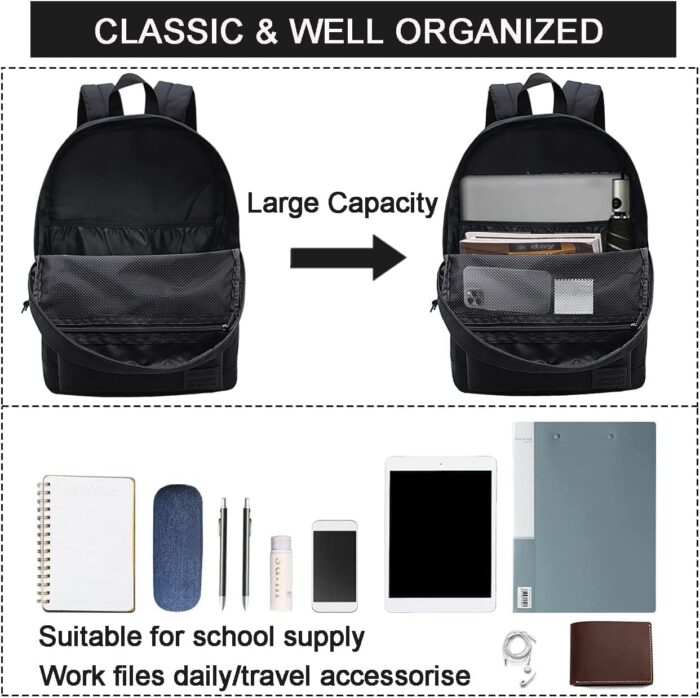 SUPACOOL Casual Laptop Backpack for Men and Women, School Backpack for Boys and Girls, College Bookbag, USB Charging Port, Lightweight Back Pack(Black) - Image 5