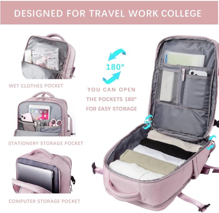 SHRRADOO Travel Laptop Backpack for Women, Casual Work Bag 17inch College Laptop Backpack Airline Approved Backpack for Hiking Business Nurse Bag Casual Daypack for Weekender, Large, Light Pink - Image 2