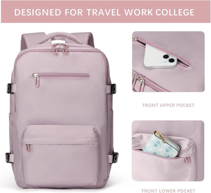 SHRRADOO Travel Laptop Backpack for Women, Casual Work Bag 17inch College Laptop Backpack Airline Approved Backpack for Hiking Business Nurse Bag Casual Daypack for Weekender, Large, Light Pink - Image 3