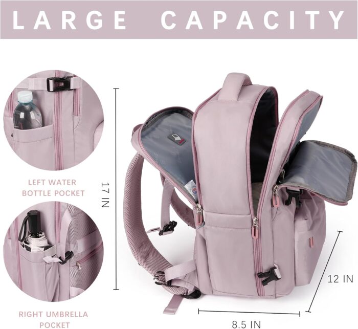 SHRRADOO Travel Laptop Backpack for Women, Casual Work Bag 17inch College Laptop Backpack Airline Approved Backpack for Hiking Business Nurse Bag Casual Daypack for Weekender, Large, Light Pink - Image 5