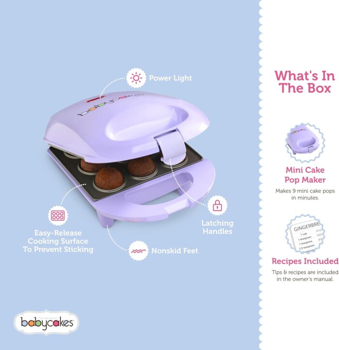 Babycakes Mini Cake Pop Maker by Select Brands - Easy-to-Use Machine - Recipes Included - Non-Stick Coating, Non-Skid Feet & Power Light - Makes 9 Cake Pops - Image 2
