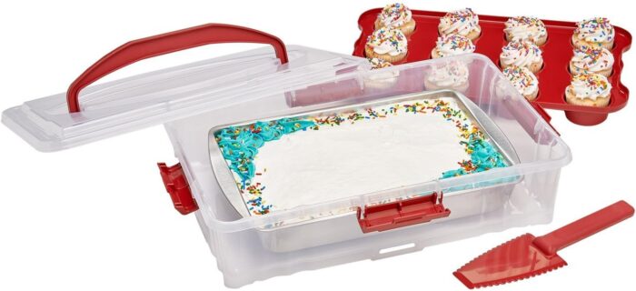 Buddeez Cupcake And Cake Carrier - Stackable Cupcake Holder, Dessert Carrier For Full Size 14x9 Cake Pans Or 12-Count Cupcake Tray, Cupcake Carrier & Cake Box (Includes Slice-N-Serve Utensil) - Image 2