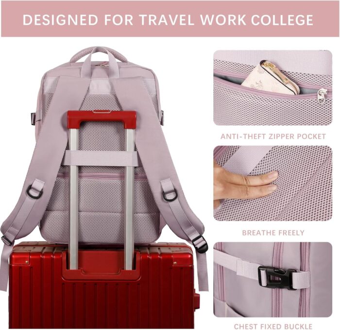 SHRRADOO Travel Laptop Backpack for Women, Casual Work Bag 17inch College Laptop Backpack Airline Approved Backpack for Hiking Business Nurse Bag Casual Daypack for Weekender, Large, Light Pink - Image 6